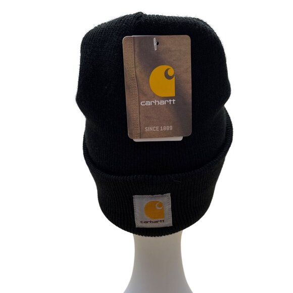 Carhartt Black Knit Cuffed Beanie Hat With Embroidered Logos - New - Picture 3 of 10